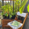 plants on a balcony with a gardening book on a chair