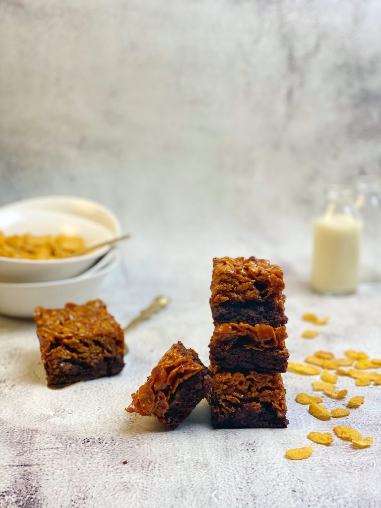 stack of cornflake caramel brownies